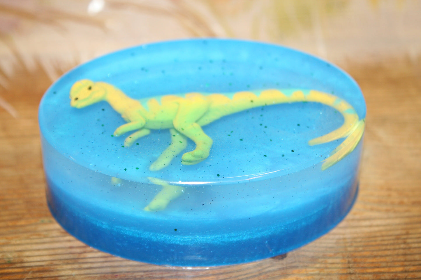 Dinosaur Soap, transparent soap with Toy Dinosaur,Birthday Gift soap, colourful dinosaur, handmade on Vancouver Island,Victoria, B.C. Canada